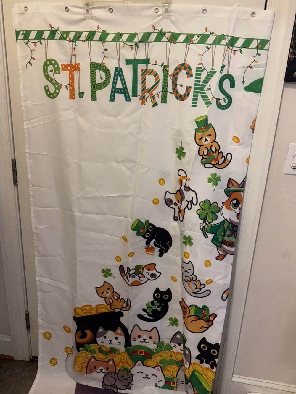 St. Patrick's Day Shamrock Cats Party shower curtain White & Green